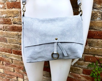 Light GRAY cross body / shoulder bag. Soft genuine suede leather boho bag. Messenger bag in grey suede. Small gray suede purse. Grey suede