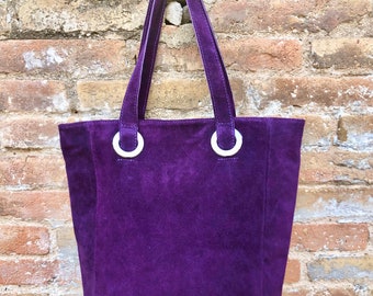 Grand sac cabas en cuir VIOLET. Sac cabas doux en cuir suédé naturel véritable. Sacoche pour ordinateur portable en daim violette. Sac à main en daim violet