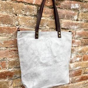 Large TOTE leather bag in light GRAY. Soft natural suede bag. Genuine leather shopper. Laptop or book bag in suede. Large crossbody bag. image 2