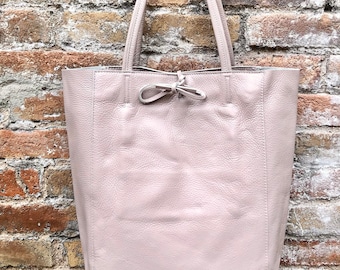Tote leather bag in light pink. Soft natural GENUINE leather bag. Large dusty pink leather shopper bag, Laptop bag. With ZIPPER. Pink purse