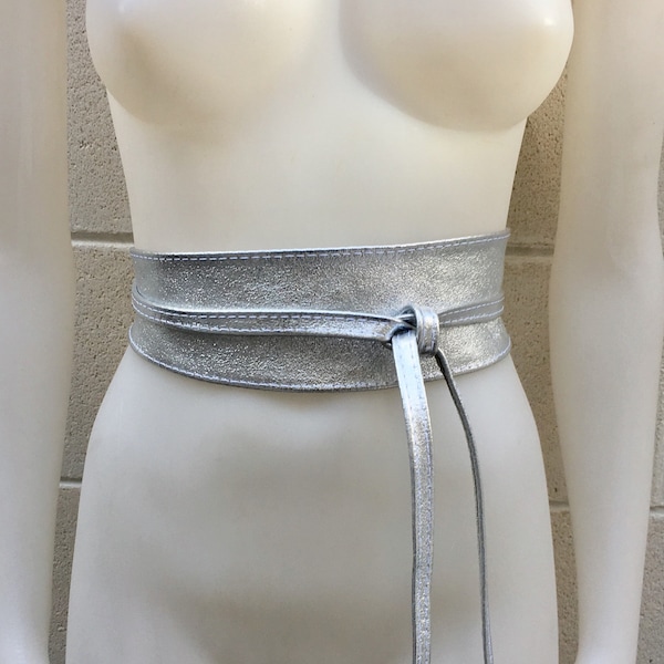 SILVER leather OBI belt. Wide waist belt in soft genuine leather. Metallic  shine wraparound belt, boho dress belt in silver color leather.