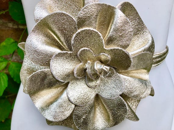 Flower Leather Belt in GOLD. Waist, Overall or Dress Belt. Genuine
