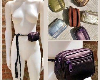 Metallic shine leather wallet. Genuine leather small purse , fits credit cards, coins, bills. Keyring inside. Belt purse. waist bag + zipper