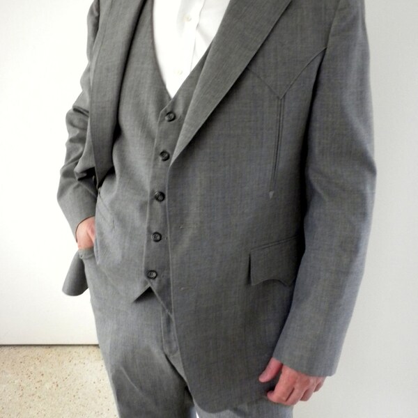 80s H BAR C Ranch Wear Suit / Vintage 3 Piece Western Suit / Mens Size 44 / Gray Western suit