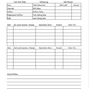 May include: A printable cattle herd log form with sections for year-end totals, calving log, and sale record. The form includes fields for recording the number of cows, cows lost, heifers, replacement heifers, bulls, total calves born, bull calves, heifers calves, first calving date, last calving date, date, 1st round vaccines, disease, vaccination given, amount, given to, 2nd round vaccines, disease, vaccination given, amount, given to, and general notes.