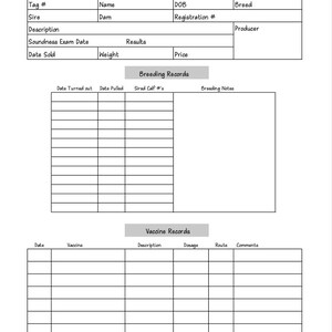 May include: A blank form for recording individual bull information. The form includes sections for the bull's tag number, sire, dam, name, date of birth, registration number, breed, producer, soundness exam date, date sold, weight, price, breeding records, and vaccine records.