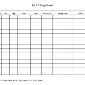 May include: A blank printable chart for recording herd calving information. The chart includes columns for year, number, date, tag, dam, color, bull/heifer, calving ease, and notes. The text at the bottom of the chart reads "Calving Ease: Unassisted, Minor Assist, Difficult, Vet Assist, Dead."