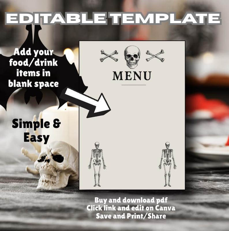Skeleton Halloween Menu Template: Editable Party Bar Sign (digital ...