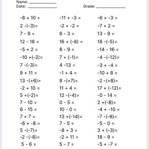 May include: A white worksheet with the title "Adding and Subtracting Positive and Negative Numbers." The worksheet includes spaces for a name, date, and grade, along with numerous math problems involving addition and subtraction of positive and negative numbers.