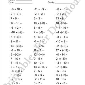 Adding and Subtracting Positive & Negative Numbers Worksheet (PDF)
