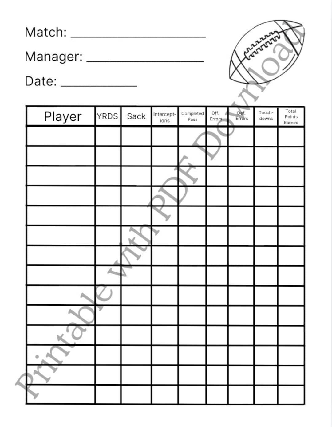 Player Stat Line Football Stat Sheet: Printable Player Scorekeeping Template (digital ...