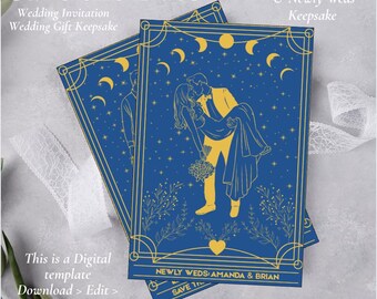 May include: Two blue wedding invitation cards with gold accents. The cards feature a couple embracing, surrounded by stars and crescent moons. Text includes "Save the Date," "Wedding Invitation," and "Newly Weds: Amanda & Brian."