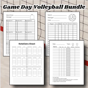 Puede incluir: Un paquete de voleibol para el día del partido con varias hojas de papel blanco. Las hojas incluyen un registro de partido, una hoja de estadísticas de jugadores, una hoja de rotación y una tabla de puntuación. El título "Game Day Volleyball Bundle" está en la parte superior.