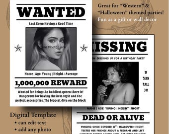 May include: A digital template for "Wanted" and "Missing" posters, ideal for Western and Halloween-themed parties. The black and white design includes editable text, photo placeholders, and graphic customization options. The posters feature a "Wanted" poster with a reward and a "Missing" poster.