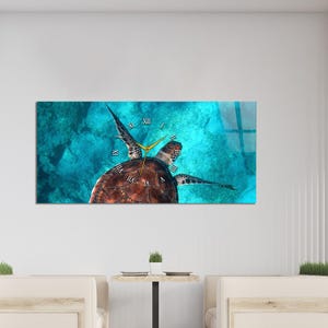 Väggklocka med havssköldpadda, väggkonst i glas, dekoration för havsliv, klocka med sköldpaddsskal, panoramaväggklocka, present till sovrummet vid kusten, modern badrumskonst