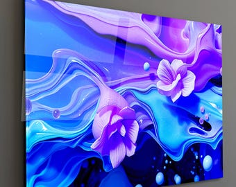 Abstract Purple Blue Floral Glass Wall Art, Modern Flower Tempered Glass Art, Luxury Botanical Wall Decor, Contemporary Glass Print