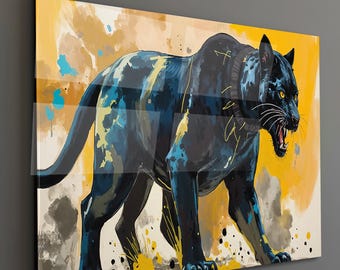 Black Panther Glass Wall Art, Modern Animal Tempered Glass Artwork,Luxury Wildlife Wall Decor,