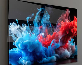May include: Abstract art print featuring a vibrant display of swirling blue, red, and white colors. The artwork appears to be a close-up of colorful smoke or ink, creating a dynamic and visually striking composition. The print is mounted on a black background.