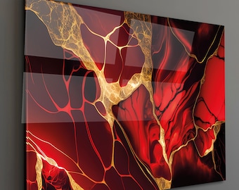 Red Gold Abstract Glass Wall Art, Luxury Tempered Glass Artwork, Modern Abstract Wall Decor, Contemporary Glass Art Panel