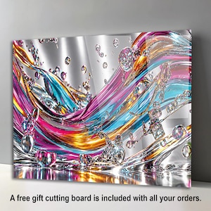 May include: A rectangular wall art piece featuring a vibrant abstract design of swirling liquid waves in shades of magenta, cyan, and gold, interspersed with numerous clear, reflective spherical droplets against a metallic silver background.