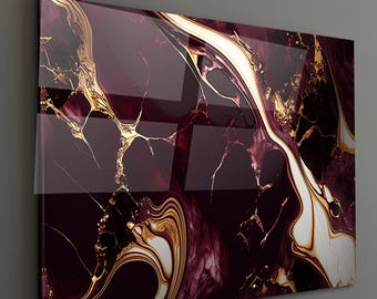Burgundy Gold Abstract Tempered Glass Wall Art, Luxury Marble Style Glass Canvas, Modern Dark Abstract Wall Decor