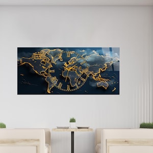 May include: A rectangular wall clock featuring a world map design with gold-colored outlines and a gold clock face. The map is set against a dark blue background with cloud-like patterns. The clock hands point to the time.