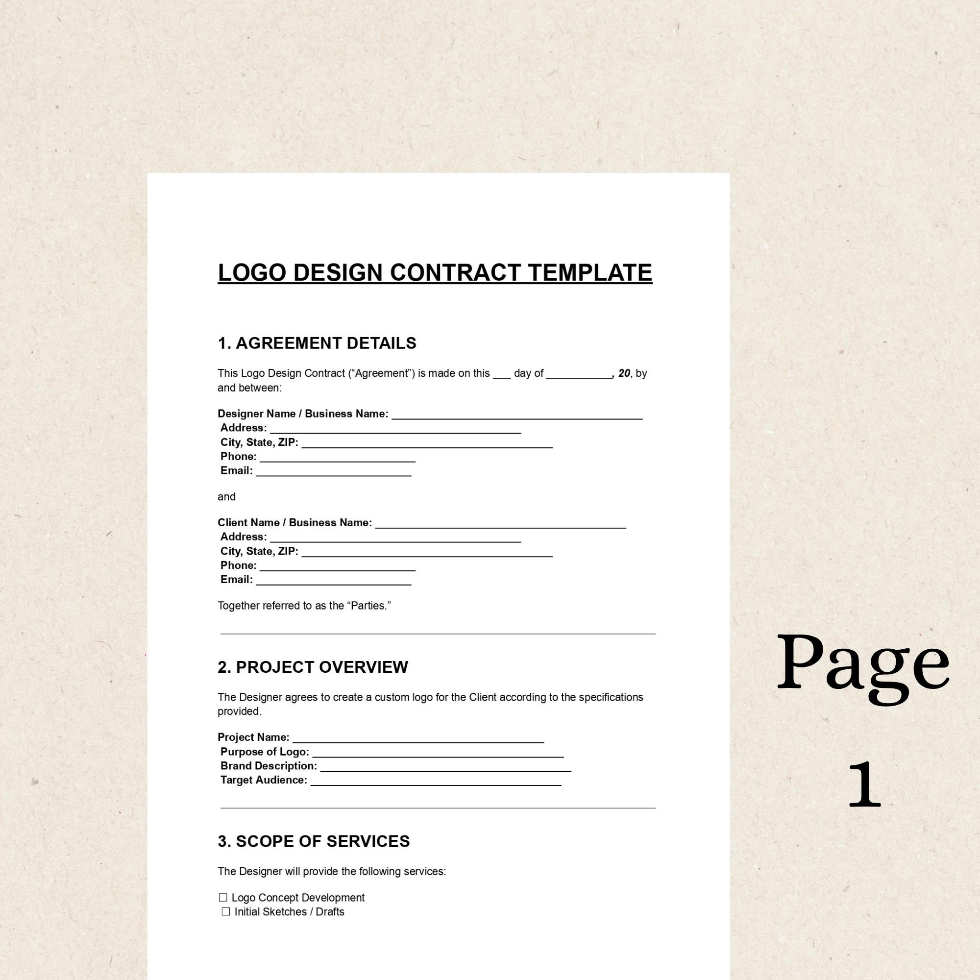 Logo Design Contract Template, Editable PDF, Business Agreement, Legal ...