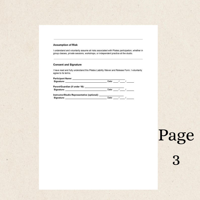 Pilates Liability Waiver Editable PDF Release Form (instant Download
