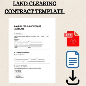 Könnte beinhalten: Eine Vorlage für einen Landrodungsvertrag mit dem Titel "LAND CLEARING CONTRACT TEMPLATE". Das Dokument enthält Abschnitte für Parteien, Projektstandort und Leistungsumfang. Ein rotes PDF-Symbol, ein Dokumentsymbol und ein Download-Pfeil sind ebenfalls vorhanden.