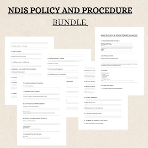 Peut inclure: Un ensemble de documents papier blancs avec du texte noir. Les documents sont intitulés "NDIS POLICY AND PROCEDURE BUNDLE" et traitent de sujets tels que "Safeguarding Policies" et "Human Resources Policies". Ils sont disposés sur un fond beige clair.