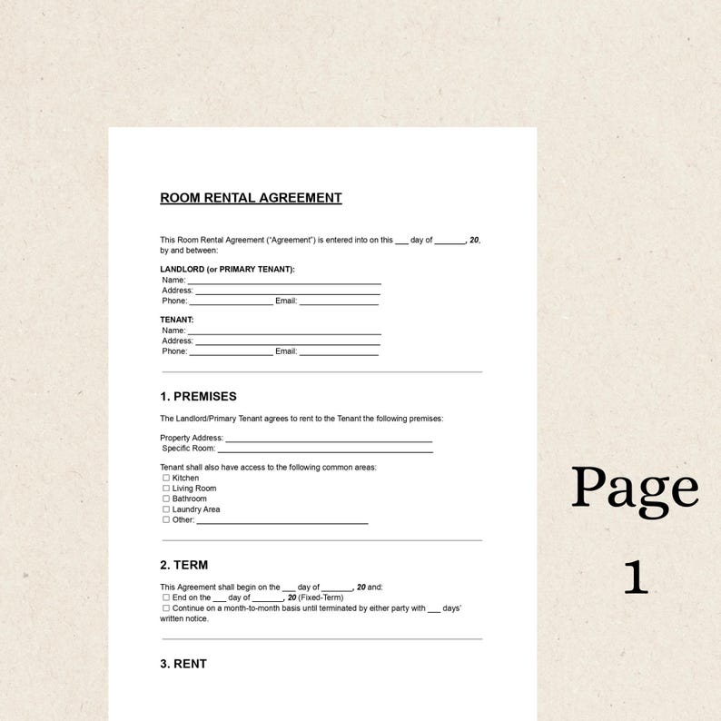 Room Rental Agreement Template | Editable Lease Form | Tenant Landlord ...