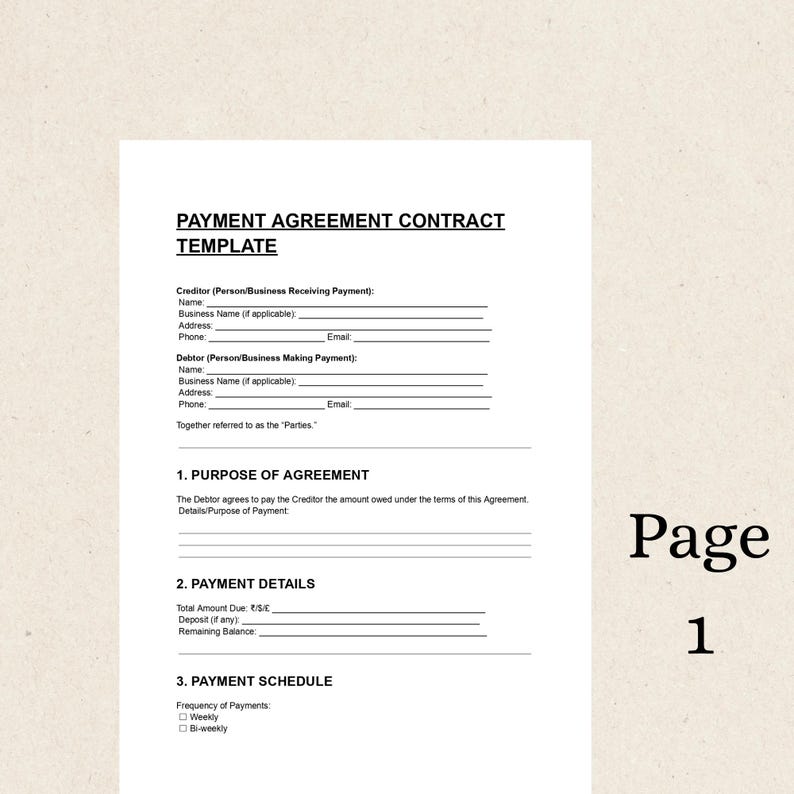 Payment Agreement Contract Template | Installment Plan Form | Editable ...