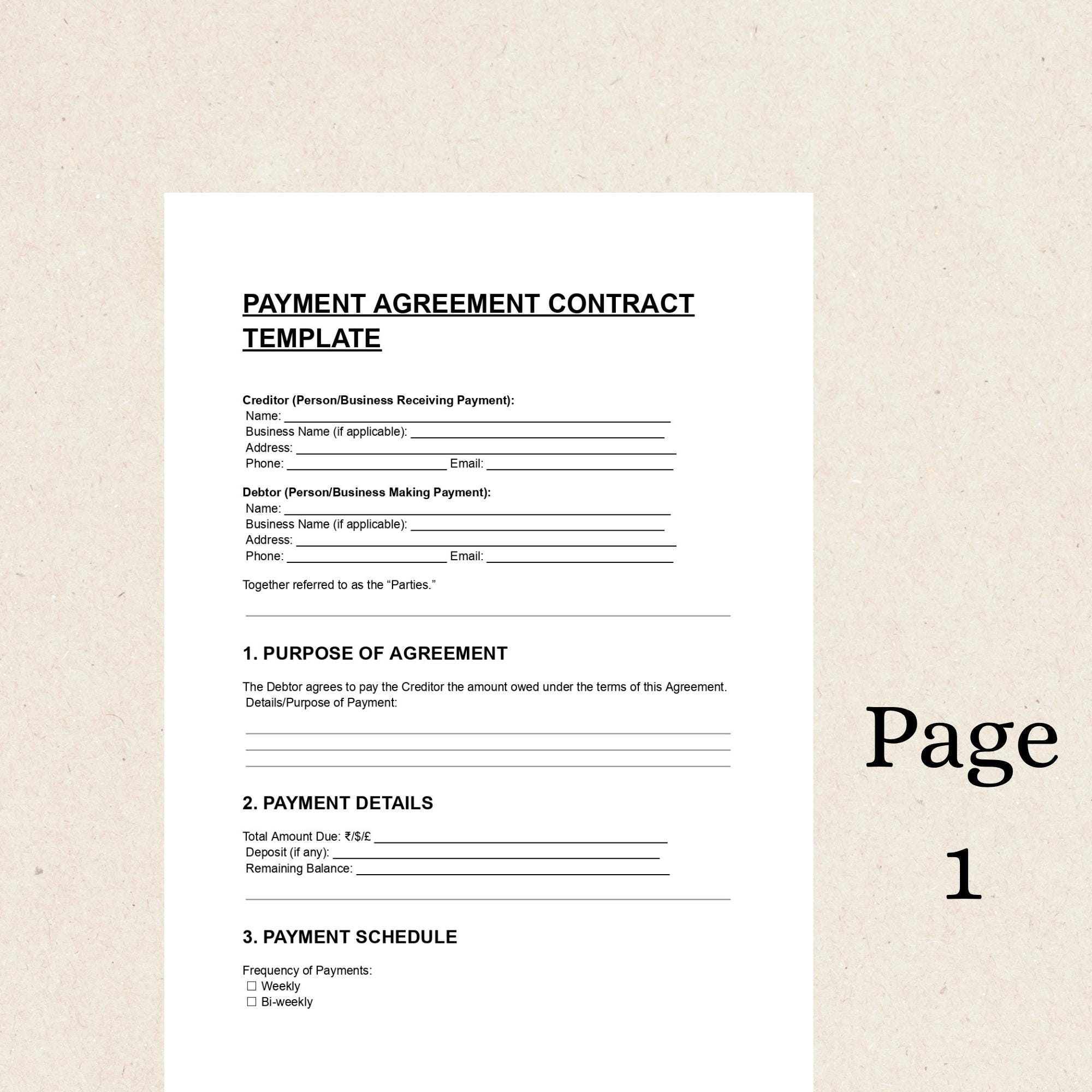 Payment Agreement Contract Template | Installment Plan Form | Editable ...