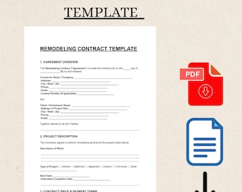 May include: A remodeling contract template titled "REMODELING CONTRACT TEMPLATE". The document is divided into sections for agreement overview, project description, and contract price. A red PDF icon, a document icon, and a downward arrow are on the right.