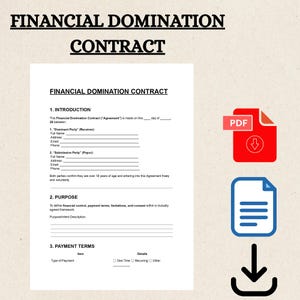 May include: A document titled "FINANCIAL DOMINATION CONTRACT" with sections for introduction, purpose, and payment terms. Includes a red PDF icon, a document icon, and a downward arrow.