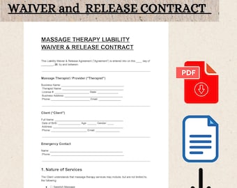 Massage Therapy Liability Waiver & Release Contract | Client Consent Form | Editable PDF Word