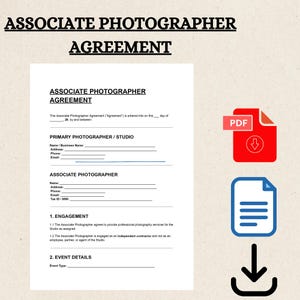 Könnte beinhalten: Ein Dokument mit der Überschrift "VEREINBARUNG FÜR FOTOGRAFIE-MITARBEITER" mit Abschnitten für Details zum Hauptfotografen und zum Mitarbeiterfotografen. Enthält ein rotes PDF-Symbol, ein Dokumentsymbol und ein Abwärtspfeilsymbol, das auf ein herunterladbares Formular hindeutet.