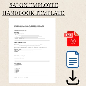 May include: A white Salon Employee Handbook Template with sections for salon information, welcome message, mission & values, and employment policies. Includes a red PDF icon and a blue document icon with a downward arrow.