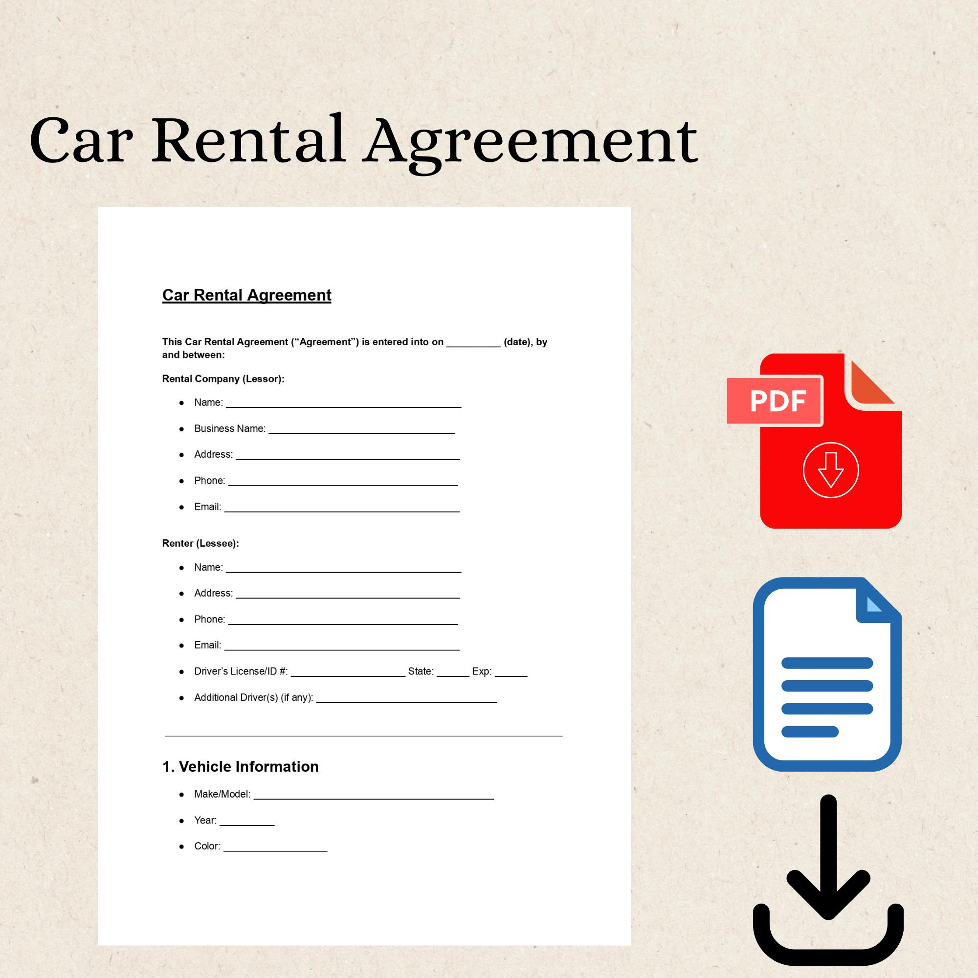Car Rental Agreement Template Vehicle Rental Contract Editable PDF & DOCX