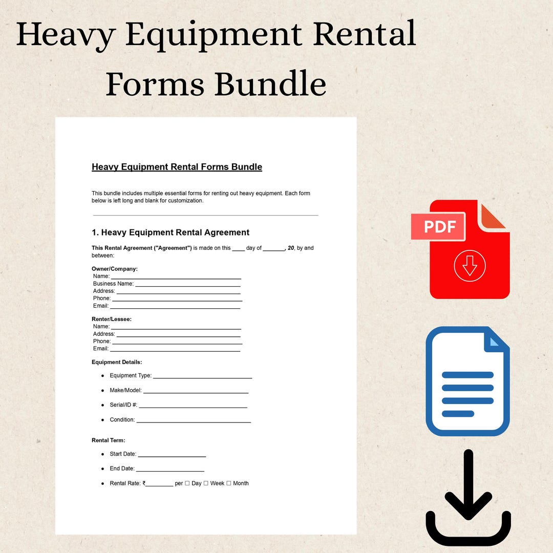Heavy Equipment Rental Forms Bundle: Agreement, Waiver, Checklist ...