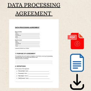 Könnte beinhalten: Ein Dokument mit dem Titel „DATENVERARBEITUNGSVEREINBARUNG“ mit einem PDF-Symbol und einem Download-Pfeil. Das Dokument enthält Abschnitte für Datenverantwortliche, Datenverarbeiter, Zweck der Vereinbarung und Definitionen.