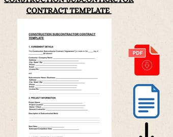 Plantilla de contrato para subcontratistas de construcción / Formulario de acuerdo editable / Contratista, constructor, remodelación / PDF Word / Descarga inmediata