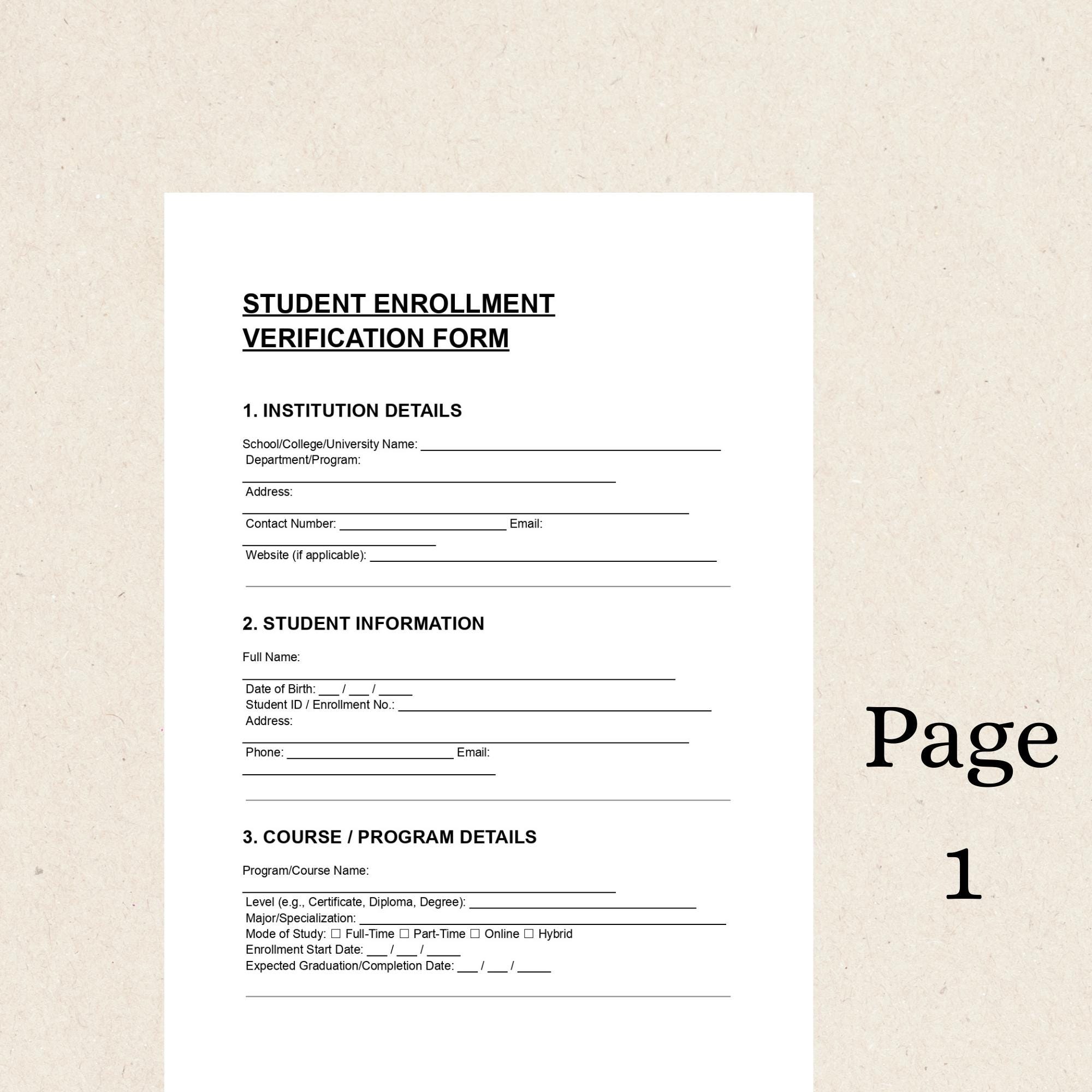 Student Enrollment Verification Form | Editable PDF & Word | School ...