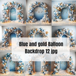 Blue & Gold Balloon Backdrop | 12 JPG Digital Party Background | Birthday, Baby Shower, Wedding Decor