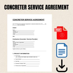 May include: A white Concreter Service Agreement form with black text, including sections for client and contractor information, project details, and a PDF icon. The title "CONCRETER SERVICE AGREEMENT" is at the top.
