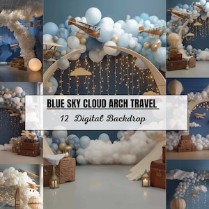 May include: A collection of 12 digital backdrops featuring blue and white balloon arches, clouds, vintage aeroplanes, suitcases, and string lights. The text BLUE SKY CLOUD ARCH TRAVEL 12 Digital Backdrop is centred on the image.