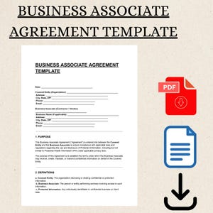 Könnte beinhalten: Eine Vorlage für eine Geschäftsvereinbarung mit dem Titel "BUSINESS ASSOCIATE AGREEMENT TEMPLATE" in fetter schwarzer Schrift. Das Dokument enthält Abschnitte für Datum, abgedeckte Entität und Informationen zum Geschäftspartner. Symbole für PDF, ein Dokument und ein Download-Pfeil sind ebenfalls vorhanden.