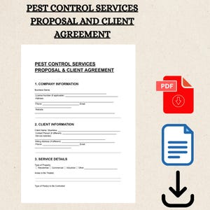 Könnte beinhalten: Ein Formular für einen Vorschlag und eine Kundenvereinbarung für Schädlingsbekämpfungsdienste. Das Dokument enthält Abschnitte für Unternehmens- und Kundeninformationen sowie Servicedetails. Ein rotes PDF-Symbol, ein Dokumentsymbol und ein Download-Pfeil sind ebenfalls vorhanden.