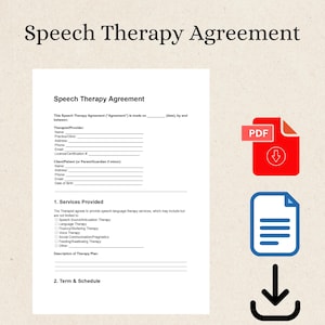 Op de afbeelding: Een document getiteld "Speech Therapy Agreement" met invulvelden voor therapeut- en cliëntinformatie. Bevat een sectie voor geleverde diensten, zoals spraakklanktherapie en taaltherapie. Een rood PDF-pictogram en een blauw documentpictogram met een pijl naar beneden zijn ook aanwezig.