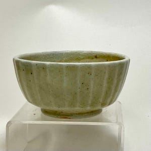 May include: A small, light green ceramic bowl with a textured, ribbed design. The bowl has a slightly rounded bottom and a wide, shallow opening.